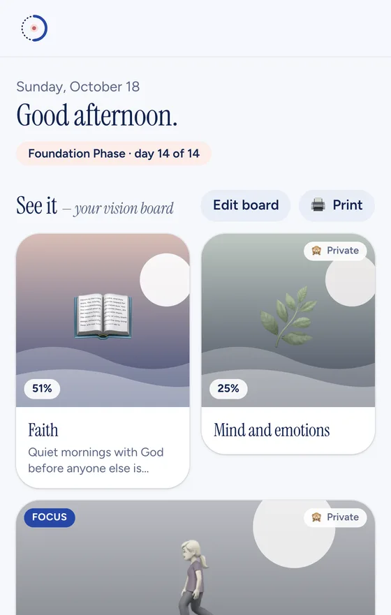NowFaith home screen with the vision board